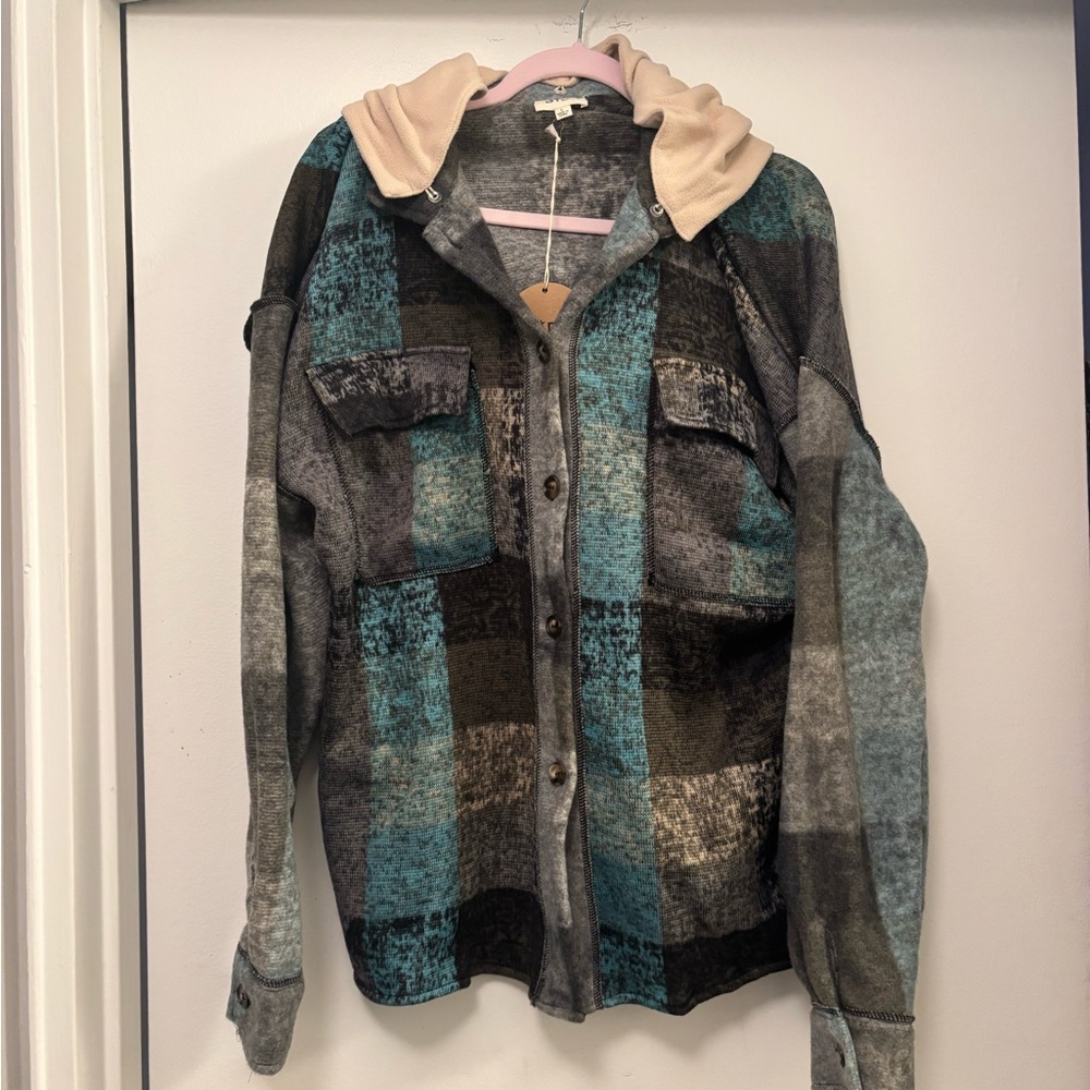Women’s new BiBi Plaid fleece Hooded Button-Up Shirt jacket detachable hood L